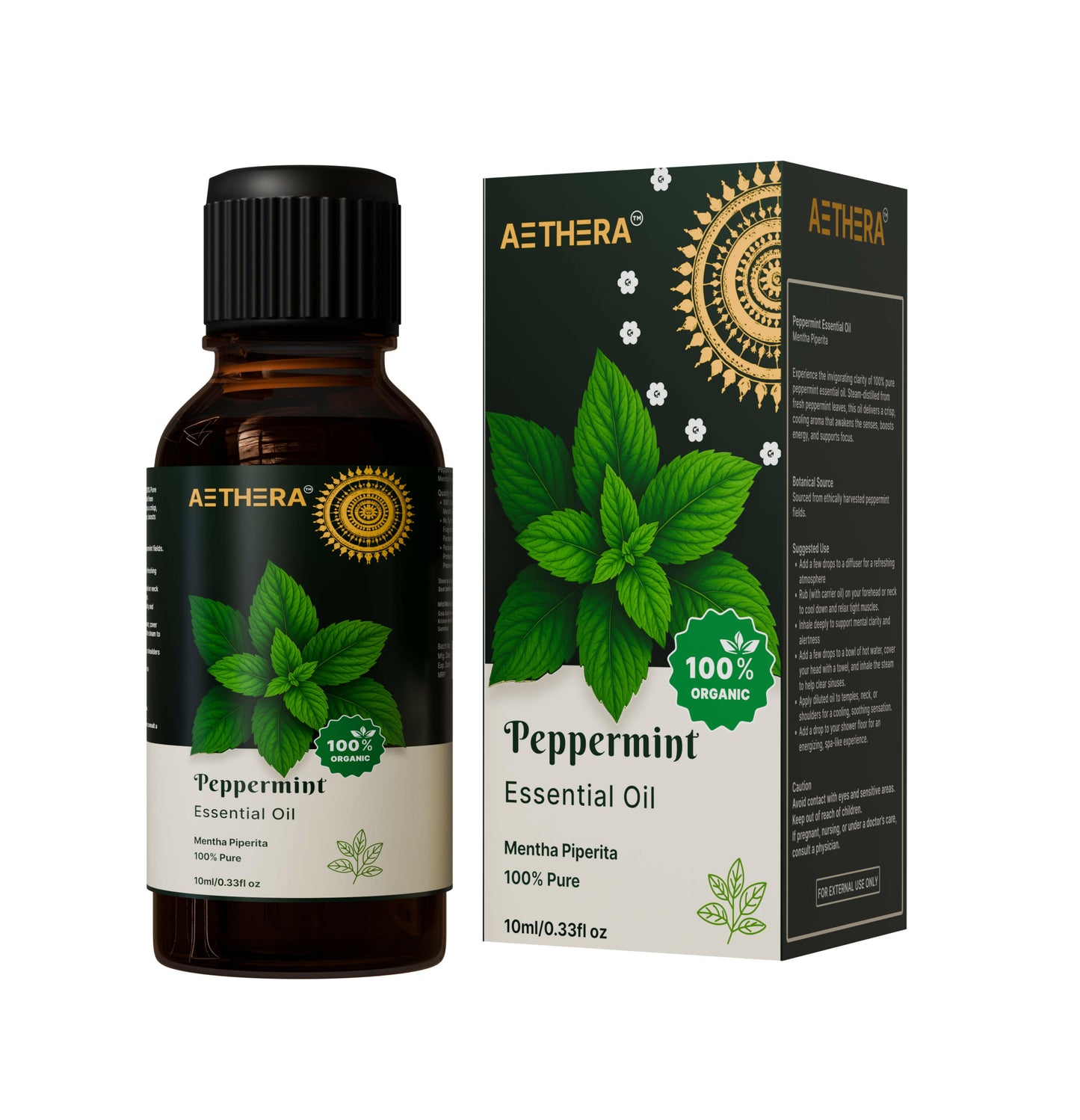 Refreshing peppermint oil in a clear glass bottle showcasing natural essential oils for therapeutic use 1 bottle with a box