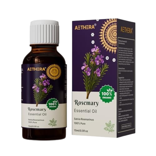 Aethera rosemary essential oil bottle and packaging – 100% organic rosemary oil for hair. Best rosemary oil for hair growth made from Salvia Rosmarinus. Natural rosemary oil for hair, scalp nourishment, and aromatherapy. Pure rosemary essential oil for hair care, Front Image 1 bottle with 1 box
